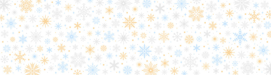 Christmas banner with blue, yellow and gray snowflakes on a white background. Vector illustration