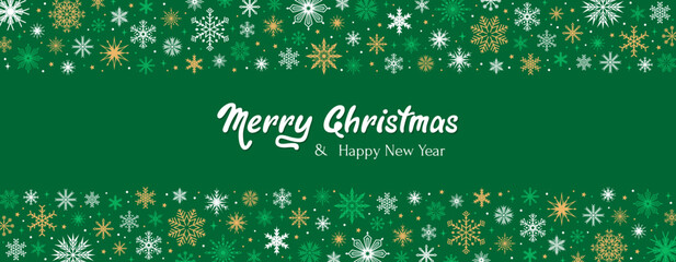 Merry Christmas and Happy New Year holiday banner. Greeting card with a text and a frame of snowflakes on a green background. Flat vector illustration