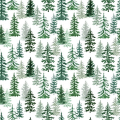 Watercolor forest trees seamless pattern. Hand-painted pine and spruce trees on white background. Natural print.