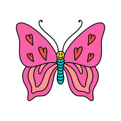 Retro groovy bright color hippie summer butterfly illustration, 70s 60s sixties style print. Colorful funny carton character isolated on white background. Vector clipart print for poster design