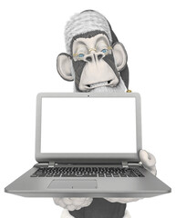 monkey xmas is holding a laptop with a white screen