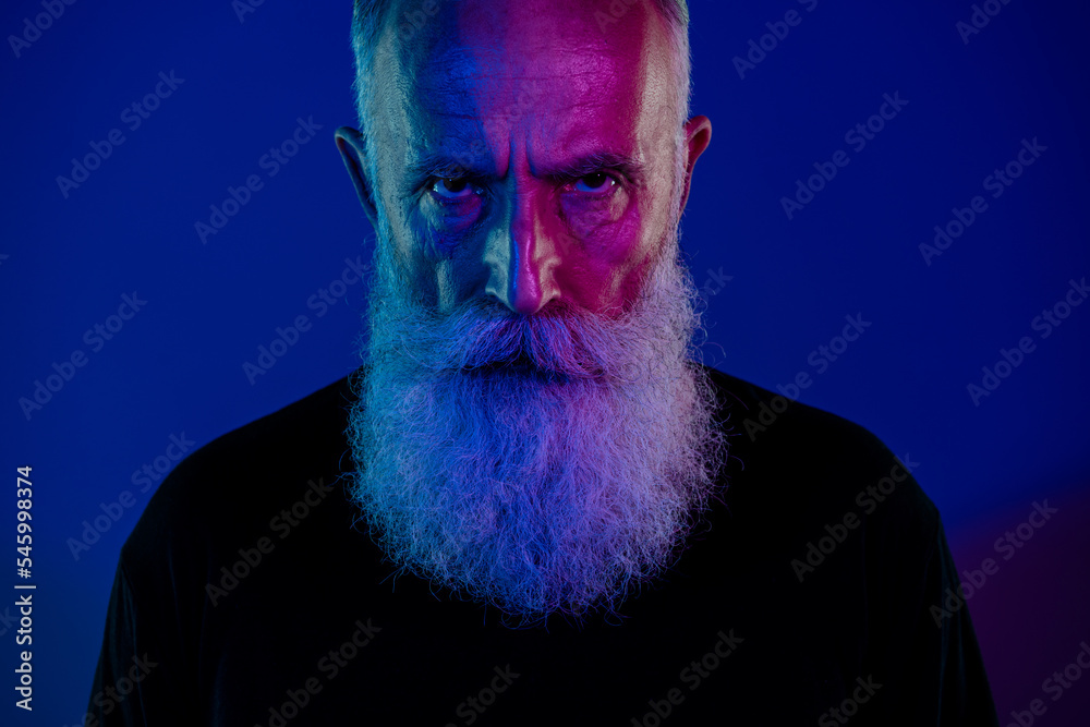 Wall mural Close up photo of retired cruel man hooligan dissatisfied fun celebrations winter holiday event isolated on dark gradient color background