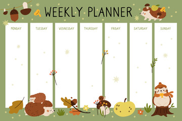 Cute hedgehogs lesson schedule. Funny kids weekly planner. Wildlife characters. Forest animals. School autumn season. Mammals with mushrooms. Timetable template. Garish vector concept