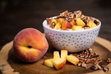 Closeup of a bowl of Peaches and Cream Breakfast Cereal