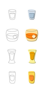 Vodka whiskey tequila rum glass on white background. Cartoon sketch graphic design. Flat style. Colored hand drawn image. Party drink concept for restaurant, cafe, party. Freehand drawing style. 