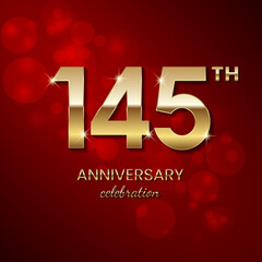 145th Anniversary Celebration. Golden number 145 with sparkling confetti and glitter for celebration events, wedding, invitation, greeting card. Vector illustration