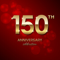 150th Anniversary Celebration. Golden number 150 with sparkling confetti and glitter for celebration events, wedding, invitation, greeting card. Vector illustration