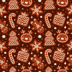 Ginger cookies seamless pattern. Christmas gingerbread. Xmas biscuit shapes. Holiday sweets. Traditional festive food. New Year baking. Pastry with sugar glaze. Garish vector background