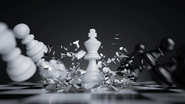 3d animation, chess game battle, white king chess piece jumps down, aggressive attack, all pawns fall down. Successful strategy, champion metaphor, leadership concept