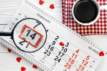 Valentine's Day background, date February 14 on calendar, flat lay, top view.