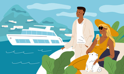 Luxury people life. Rich couple on terrace watching yacht in bay. Tropical sea resort. Woman in wide brimmed hat. Millionaire in suit. Billionaires summer vacation. Garish vector concept