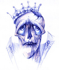 King of Monsters. Funny skull. Line drawing of a monster. Bones. A head without a brain. Fantasy. Crown on the head