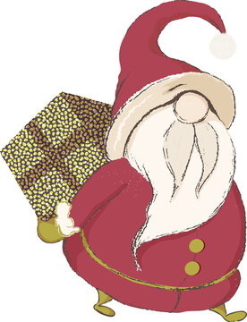 Santa Clause carrying Xmas Present behind his back. Hand drawn illustration Father Christmas character with beard and moustache. Red and green Xmas outfit, hat & mittens. Isolated background.