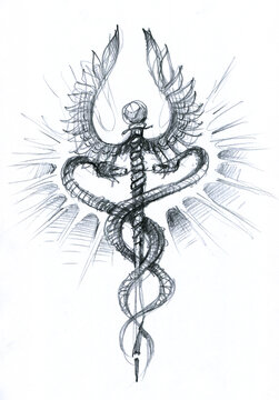 Caduceus, the staff of heralds of the will of the gods. An attribute of Hermes. Mercury. Winged stick. Two snakes. Untouchable