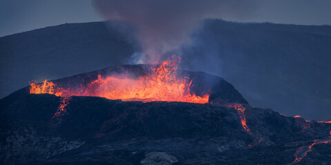 Lava explosion in the crater of the Fagradalsfjall volcano during the eruption in August 2021,...