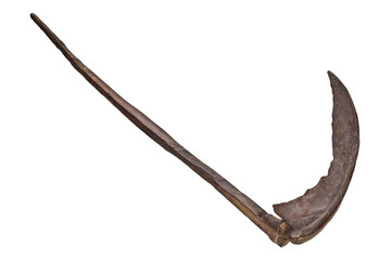 Ancient rusted brown metal scythe
