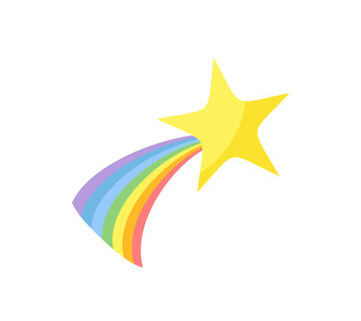 Cute shooting star with rainbow tail. Childish cartoon flat illustration. Vector icon.