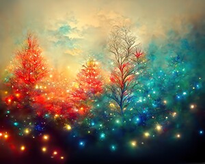 Fototapeta na wymiar Christmas lights landscape, colorful abstract illustration, greeting card design