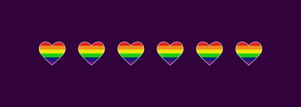 Row of rainbow hearts on a purple background, a pride concept