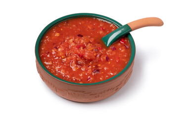 Mexican bowl with fresh made salsa close up isolated on white background
