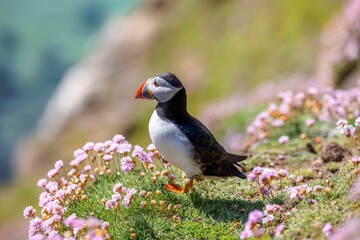 Cute Atlantic puffin (Fratercula arctica) resting on a sunny day on the blurred sea background