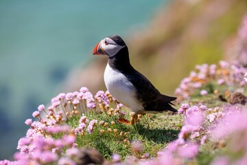 Cute Atlantic puffin (Fratercula arctica) resting on a sunny day on the blurred sea background