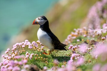 Cute Atlantic puffin (Fratercula arctica) resting on a sunny day on the blurred sea background