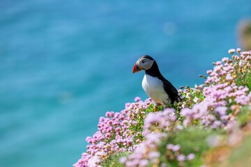 Cute Atlantic puffin (Fratercula arctica) resting on a sunny day on the blurred sea background