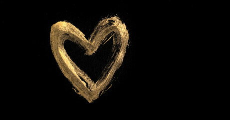 Heart metallic gold streak drawing for love holiday or Valentines day black background with copy...