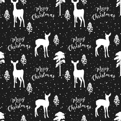 Christmas Deer in the night forest, seamstress pattern white on black background 