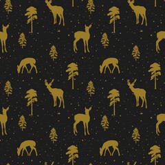 Christmas Deer in the night forest, seamstress pattern gold on black background 