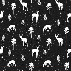Christmas Deer in the night forest, seamstress pattern white on black background 