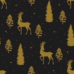 Christmas Deer in the night forest, seamstress pattern gold on black background 