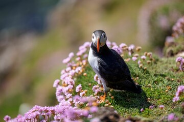 Closeup shot of a cute Atlantic puffin standing on the grass with flowers nearby