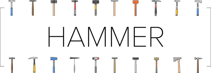 hammer tool construction icons set vector