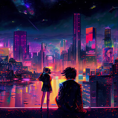 couple on top of the building looking at the cyberpunk city