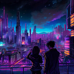 couple on top of the building looking at the cyberpunk city