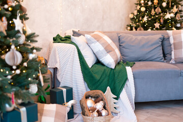 Interior of modern studio living room with comfortable sofa decorated with Christmas trees and gifts.