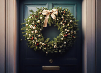 Christmas decoration hanging on the front door of a house