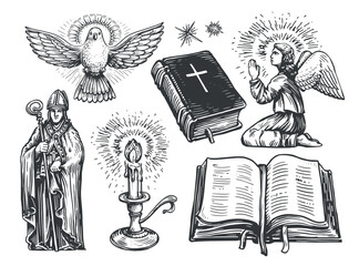Praying angel with wings, Holy Bible book, Lit candle, Flying dove messenger, Bishop. Religion vector illustration