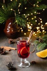 Mulled wine. Traditional christmas, new year and winter drink with red wine, citrus and spices.