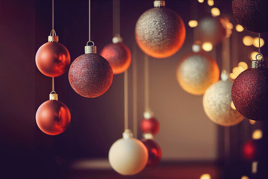 Christmas balls hanging on an out of focus background