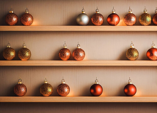 Christmas balls on a wooden shelf