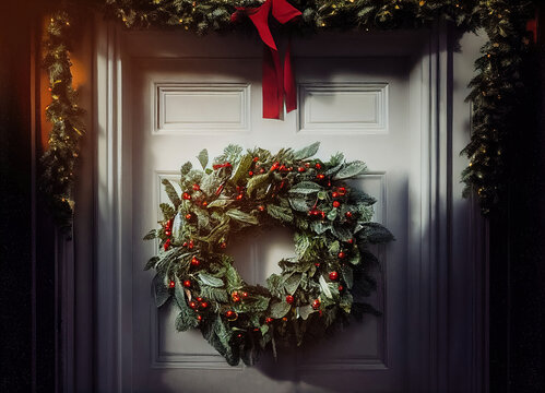 Christmas Decoration Hanging On The Front Door Of A House