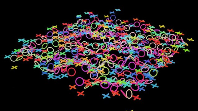 multi-colored crosses and rings fly on a black background. Looped animation. 3d render