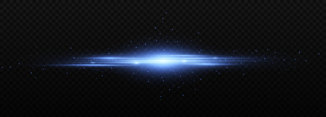 Blue horizontal lens flares, laser beams, light flare. Luminous abstract sparkling lines.