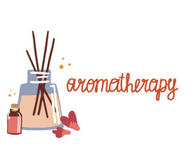 Aromatherapy. Aroma diffuser, essential oil. Wooden Aroma Sticks with lettering