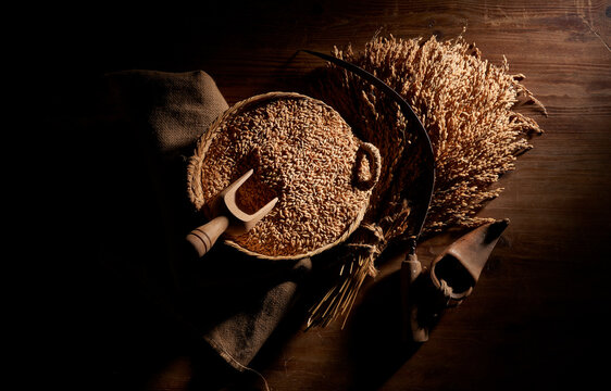 Wooden bowl of wheat corns and sickle
