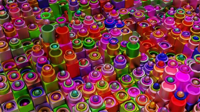multi-colored spheres, cubes and tori of different things move up and down. Looped animation. 3d render