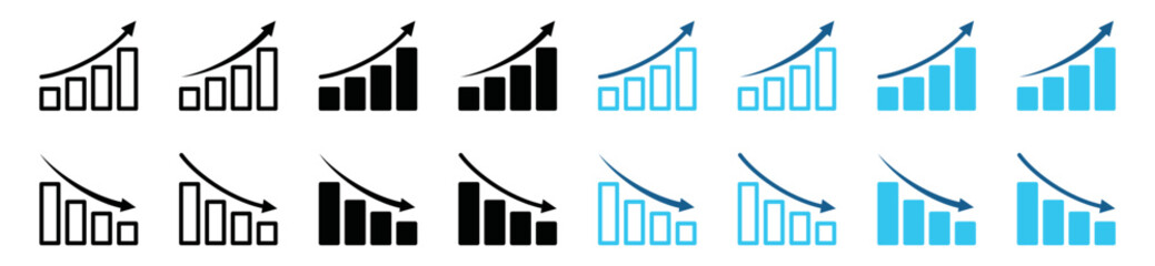 Chart up and chart down icon collection. Growing bar chart or growth success arrow icon. Business chart arrow. Financial chart growth. Growing graph set, symbol illustration	
